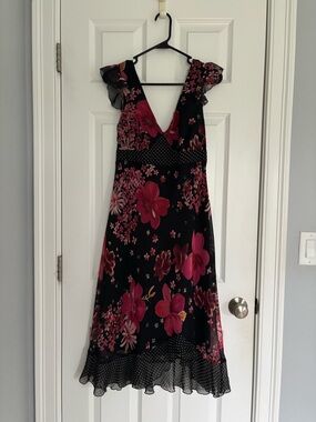 New York & Company Black & Pink Floral Ruffle-Sleeve Midi Dress